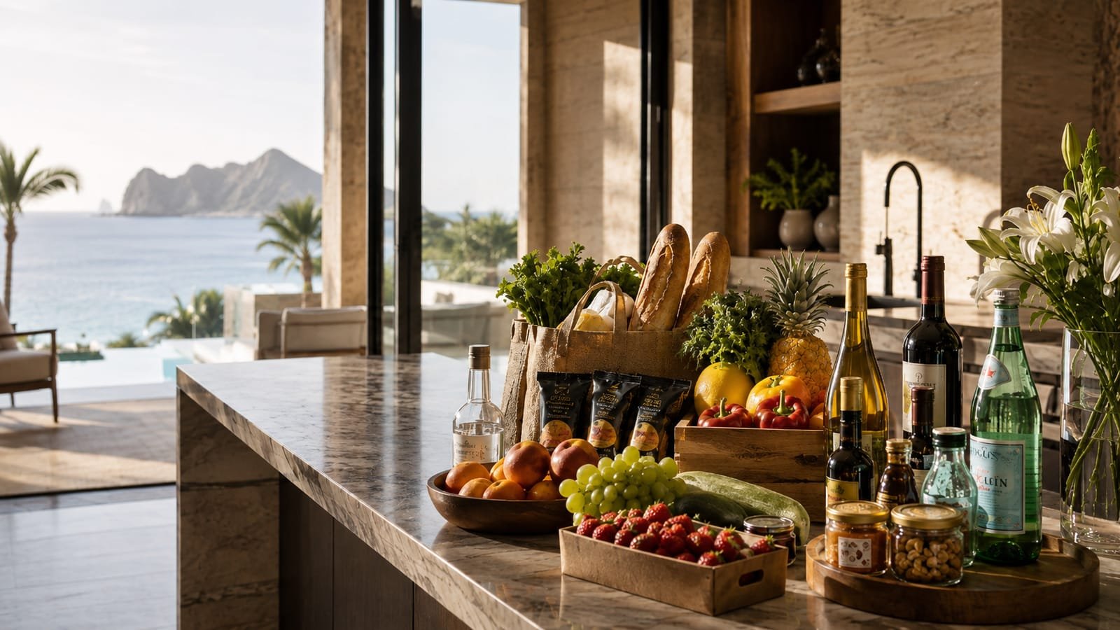 Villa kitchen counter stocked with fresh groceries, wine and fruit, ocean view behind